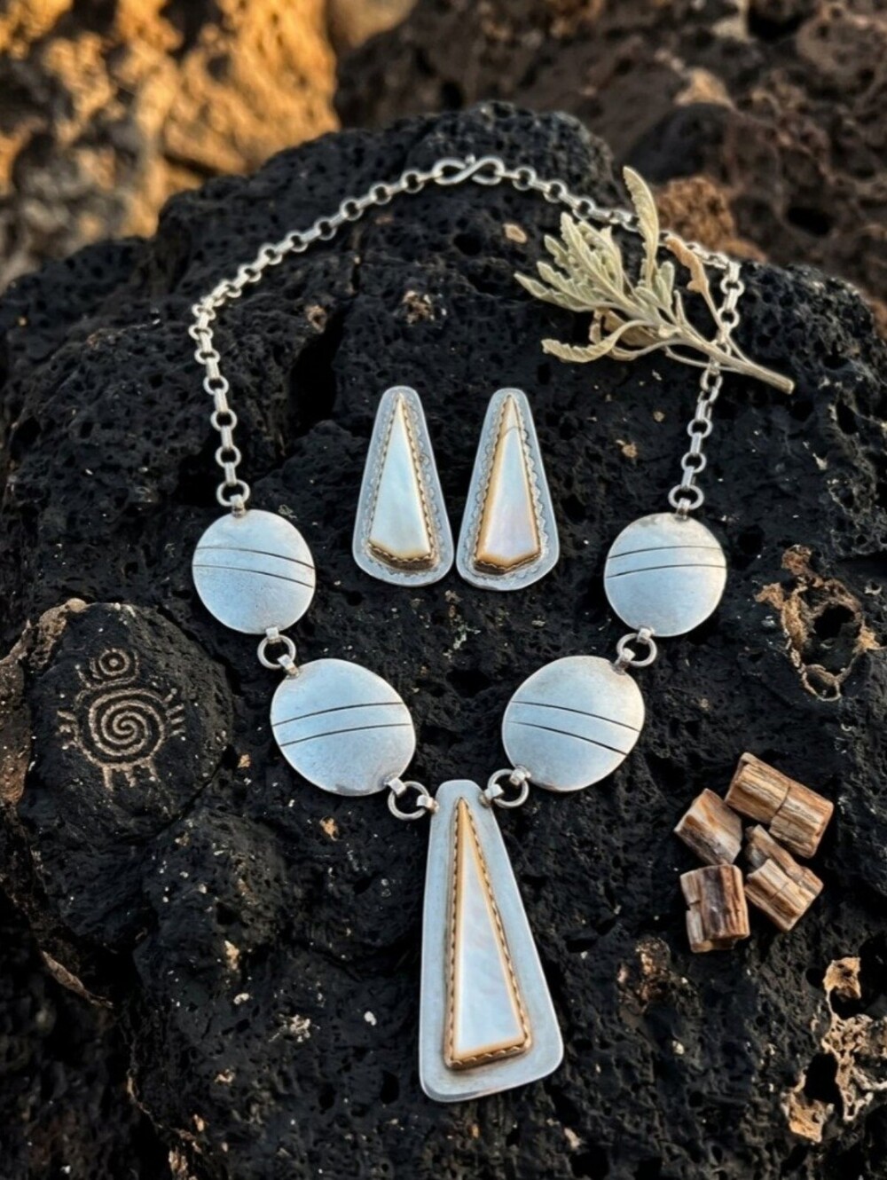 Vintage Frank Guerrero Signed Sterling Silver Jewelry Set Necklace & Earrings